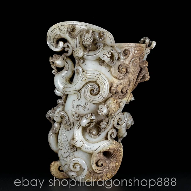 8.6" Chinese Natural Hetian Nephrite Jade Carving Dragon Pixiu Beast Wine cup