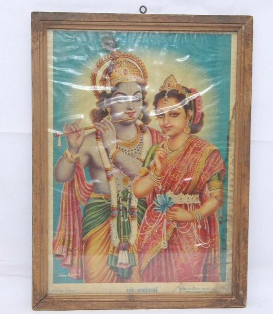 VINTAGE OLD HINDU Lord Shri Radha Krishna Playing Flute Beautiful Litho