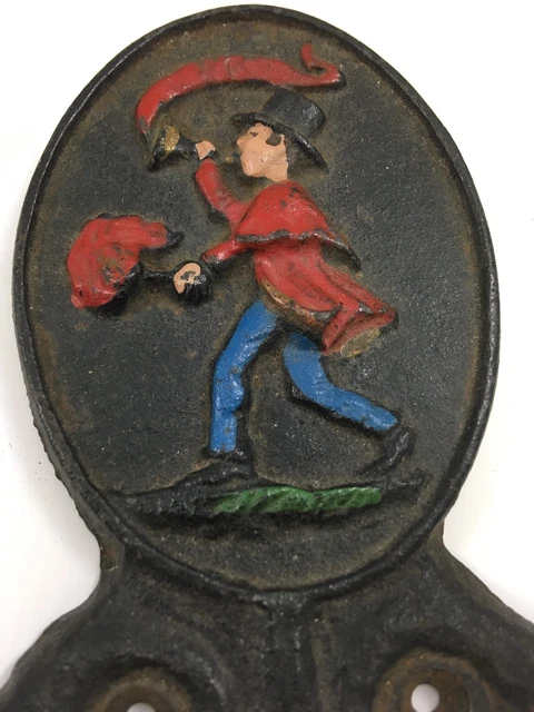 Cast Iron Wall Coat Hooks Top Hat Man Blowing Horn Figure Vintage Set of 2 10