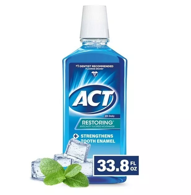 ACT Restoring Anticavity Fluoride Mouthwash With 11% Alcohol, Cool Mint, 33.8 fl