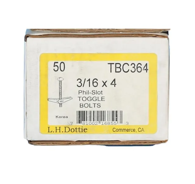 TBC364 Toggle Bolts 3/16" x 4" Dottie  Brand Box 50 Pieces