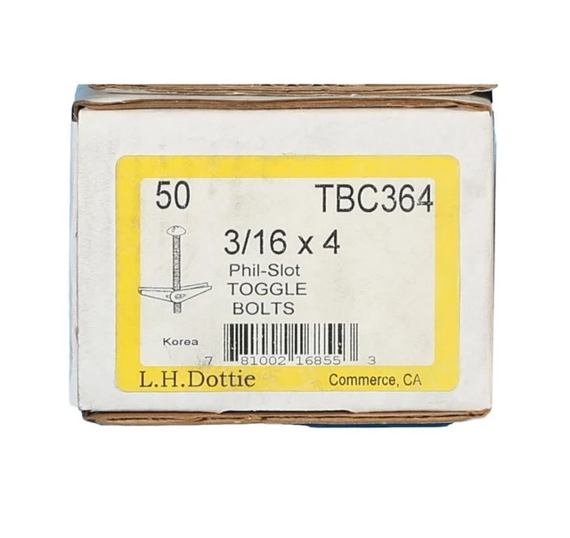 TBC364 Toggle Bolts 3/16" x 4" Dottie  Brand Box 50 Pieces