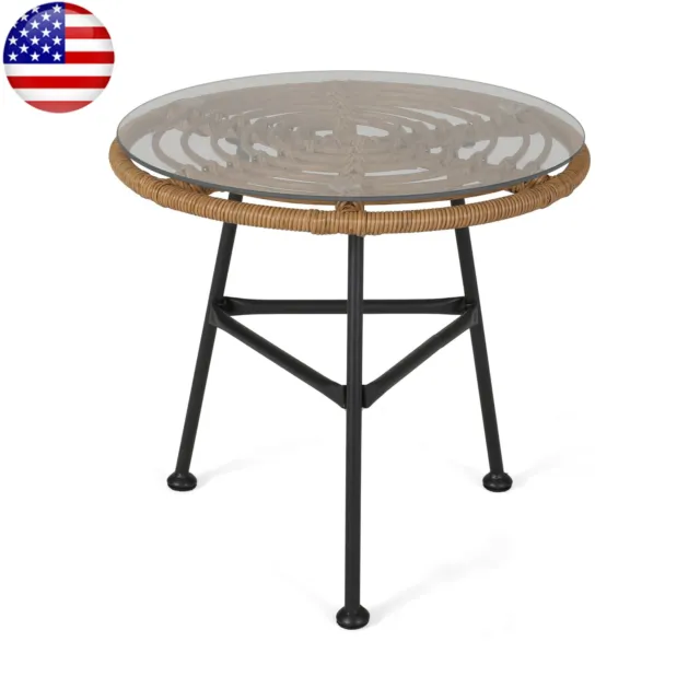 Outdoor Woven Faux Rattan Side Accent Table W/Glass Top Round Durable Garden US