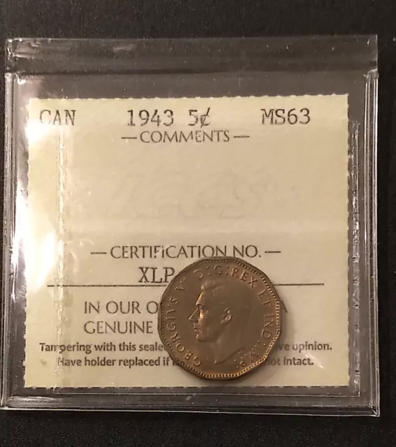 1943 Canadian 5 Cents Tombac - ICCS MS63 XLP 986 