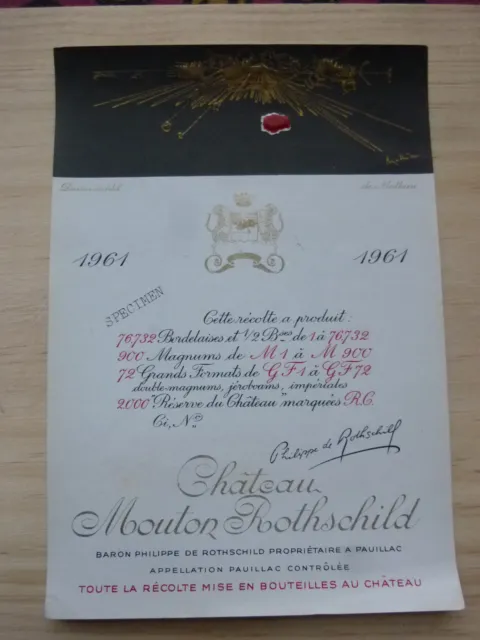 étiquette vin Mouton Rothschild 1961 wine label specimen 75cl Mathieu