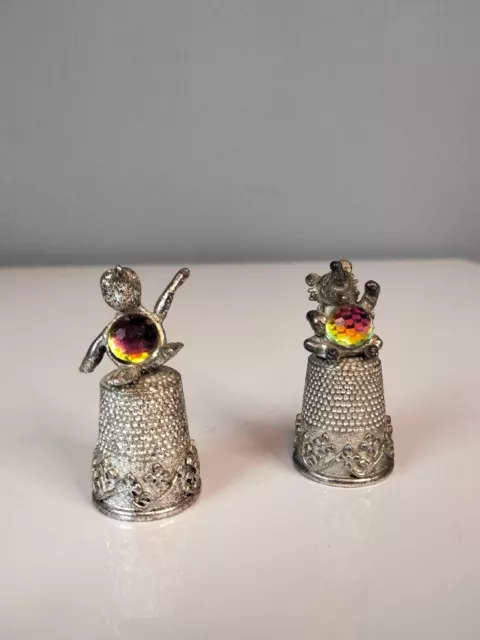 Vintage Pewter Thimble Crystal Miniature Animal Theme Penguin Hedgehog VGC