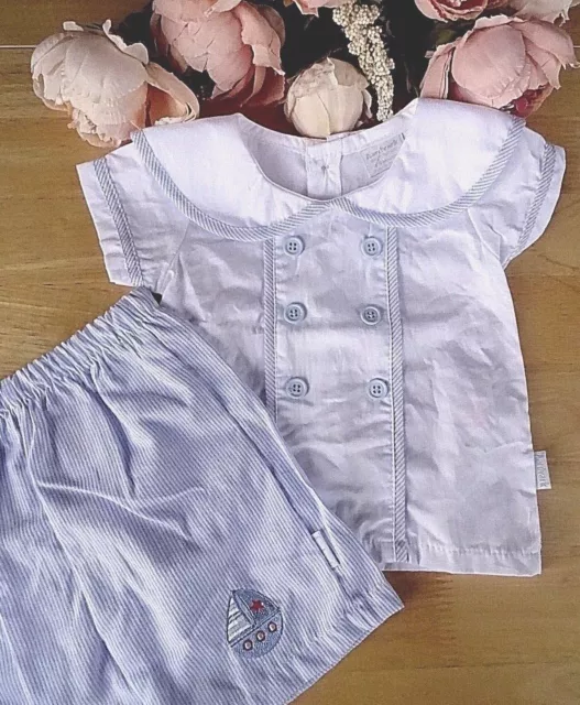 Baby Boy Outfit Set 2 Pcs Shirt Trouser Shorts White Blue Spanish Style 0 to 9m