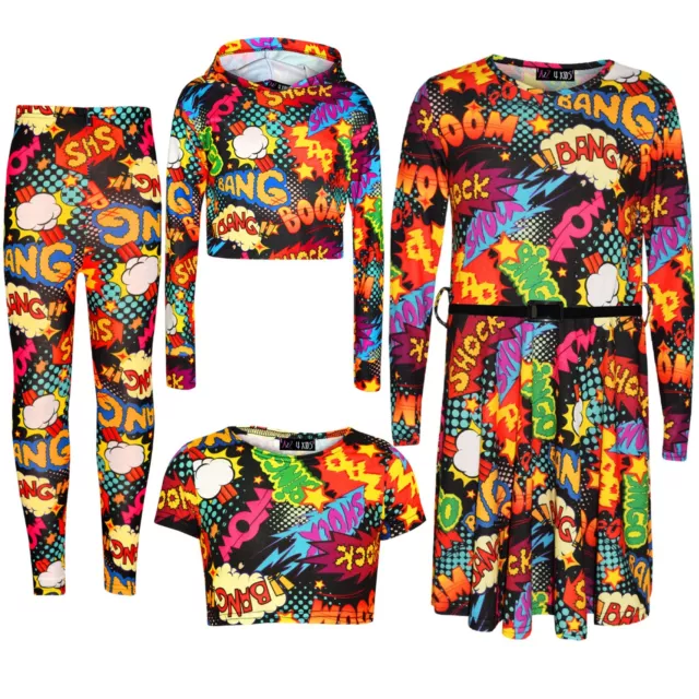 Bambine Wow Botto Boma con Cappuccio Top Corto Skater Abito T Leggings 7-13 Anno