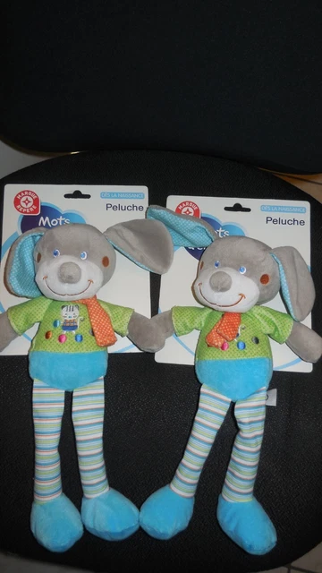 Lot 2 doudou peluche chien longues jambes bleu vert chat MOTS D'ENFANTS
