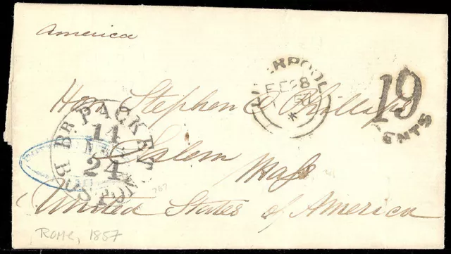 PH "America", ms. notation on incoming 1858 transatlantic FLS to Salem [601568]