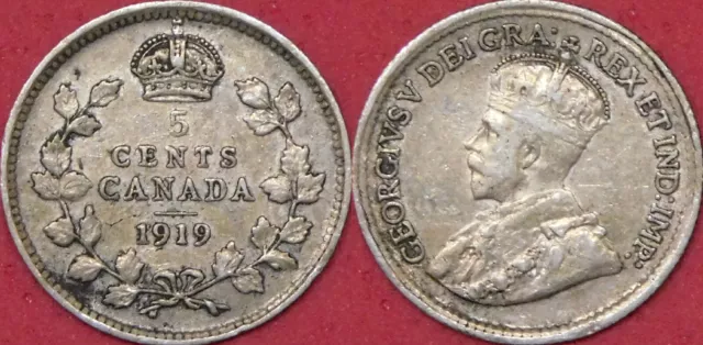 Fine 1919 Canada Silver 5 Cents