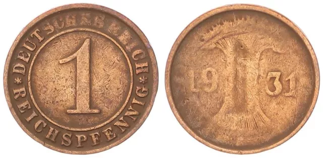 Weimar 1 Pfennig 1931 Fehlprägung: Wertseite 1 Incuse, zwischen Jahreszah 102653