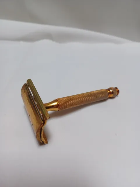 Vintage 50s Gillette Made in USA Double Edge Hand Safety Razor Gold Tone w/Blade