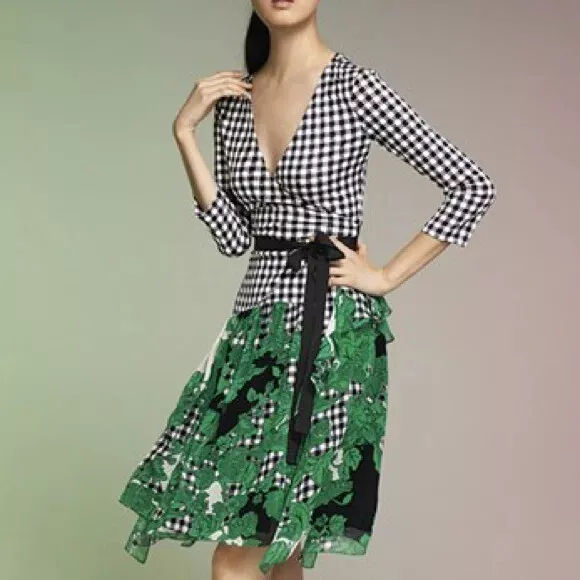 DIANE VON FURSTENBERG DVF Riviera Green Floral Gingham Wrap Dress size 10