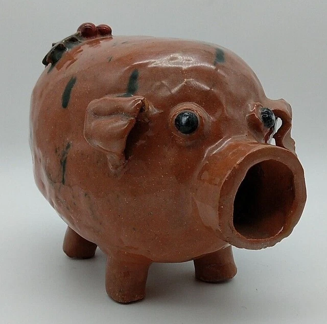 Rare Vtg Folk Art Pottery Corky Handmade Pig Coin Bank 8 1/2" Long OOAK w/ Holly
