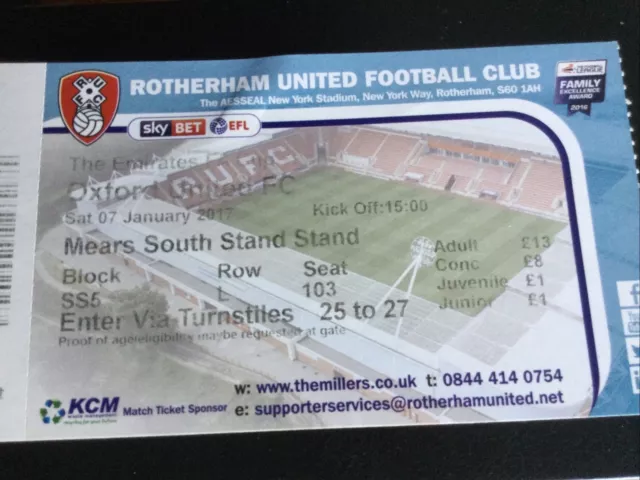 Rotherham United V Oxford United Ticket FA Cup 2016/17