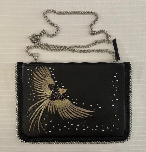 Topshop embroidered vegan leather crossbody bag w/metal chain - Bird Motif