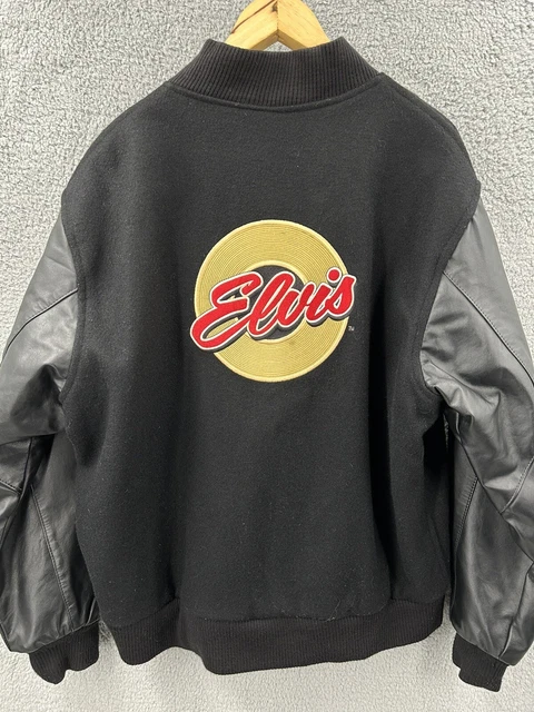 Vintage Elvis Presley Varsity Letterman Jacket Large Black Wool Leather RARE!!