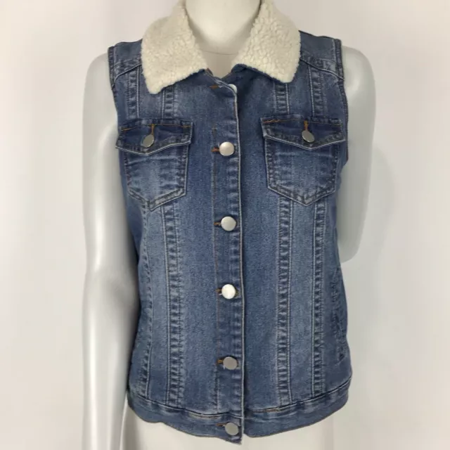 Rockmans Vest Denim Size 8 Fleece Lined Button Front Faux Sherpa Women's