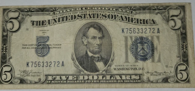 1934 A Blue Seal $5 Dollar Silver Certificate Note Free Shipping