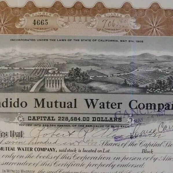 Vintage 1920 Stock Certificate - Escondido Mutual Water Company - California