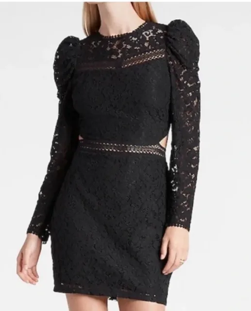 Express Black Lace Puff Sleeve Side Cut-Out Sheath Dress Size M Nwt