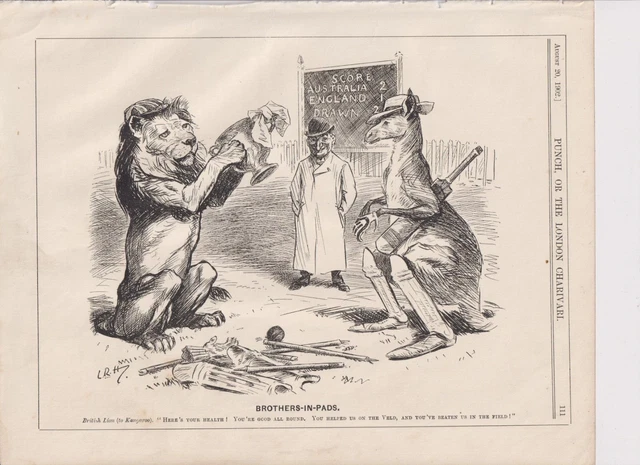 1902 Punch Cartoon British Lion Congratulates Australian Cricketer Kangaroo