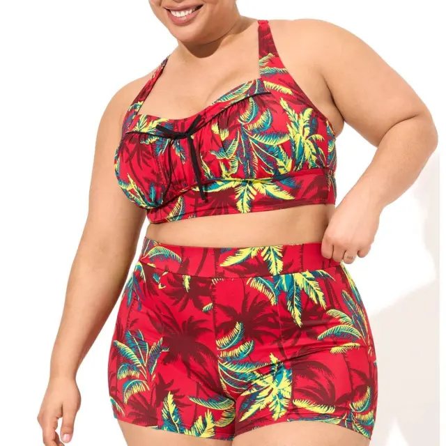 Torrid 3 (3X 22/24) Two Piece Retro Hawaiian Red Bikini Top & Shorts Swimsuit