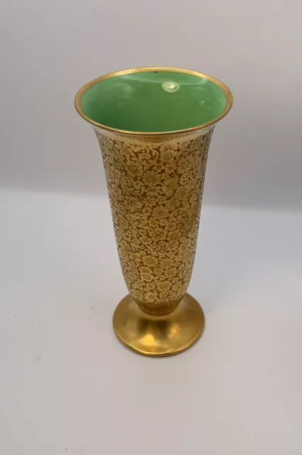 Vintage Pickard Raised Gold Etched Daisy Rose Green Cased Vase Porcelain 7 1/2”H