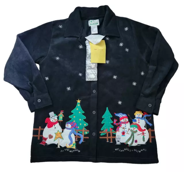 Quacker Factory Womens M Fleece Snowman Jacket Christmas Button Up Long Sleeve