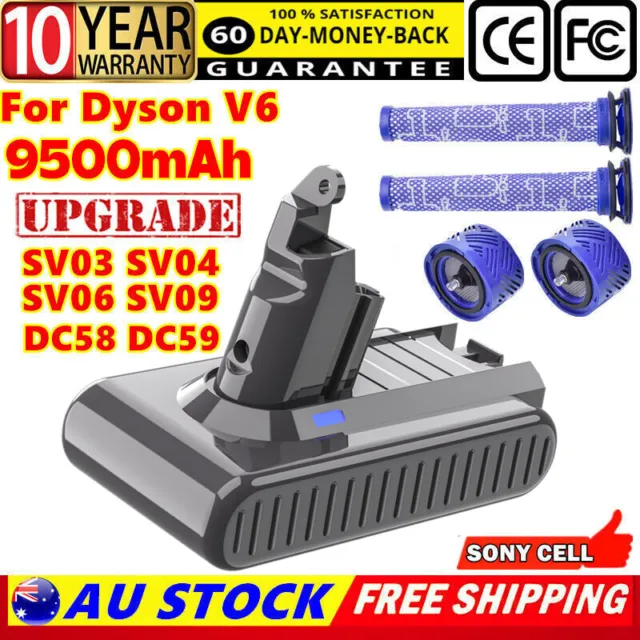 21.6V 9.5Ah for Dyson V6 Battery Animal DC59 DC61 DC62 DC72 DC74 SV04 / Filter