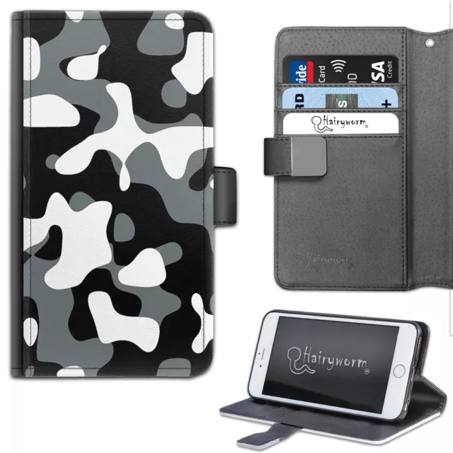 Hairyworm Black And White Camo Printed Deluxe PU Leather Wallet Flip Phone Case