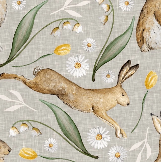 Stoff Exklusive Premium Baumwolle Frühling Hase Blumen Tulpen 155cm breit