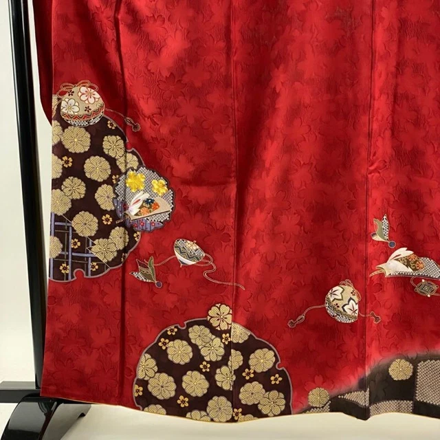 Woman Japanese Kimono Furisode Silk Koma Rabbit Embroidery Gold Thread Red 7