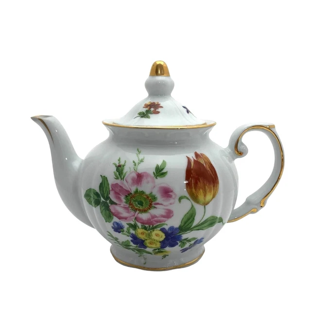 Royal Danube Porcelain Teapot Garden Flowers Gold Trim Tulip Daisy Wildflowers