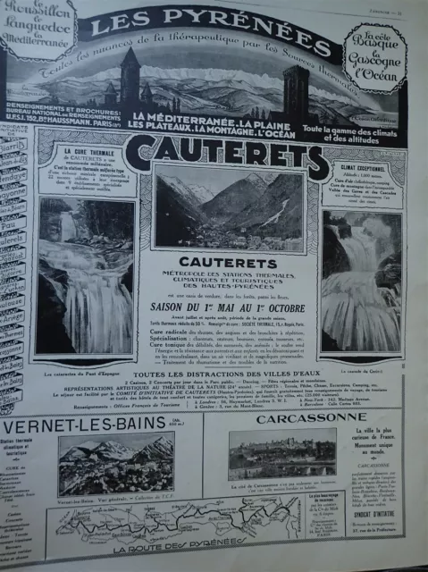 PYRENEES CAUTERETS CARCASSONNE VERNET LES BAINS pub papier ILLUSTRATION 1926