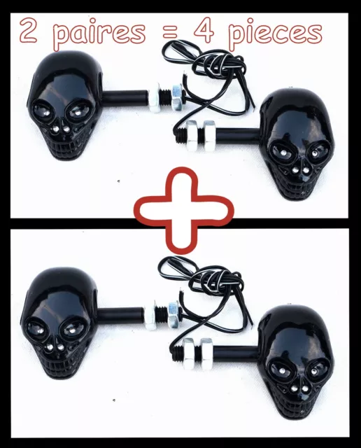 2 paires de Clignotant Tête de Mort Skull NOIR & Diodes - moto custom quad trike