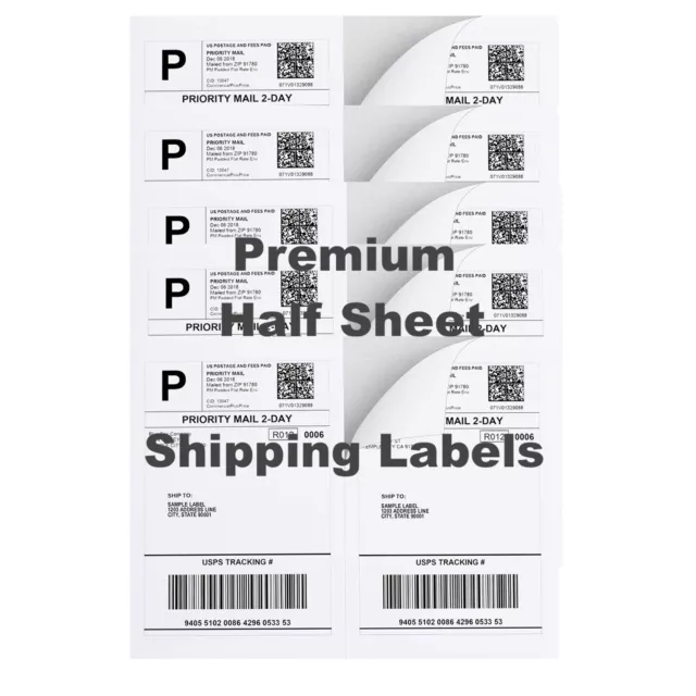 50-8000 Shipping Labels 8.5" x 5.5" Half Sheets Blank Self Adhesive 2 Per Sheet