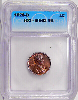 1928-D 1c ICG MS 63 RB ~ UNCIRCULATED BETTER DATE LINCOLN CENT