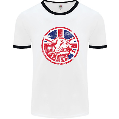 Union Jack British Bulldog St Georges Day Mens White Ringer T-Shirt