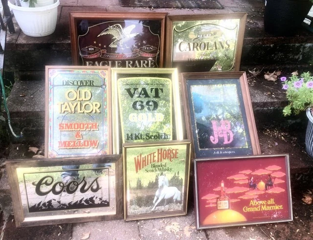 Lot 8 White Horse J&B Coors VAT 9 Whiskey Bar Mirror Sign Old Taylor Advertising