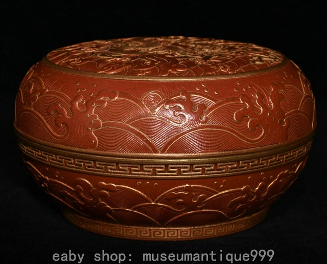 6" Ancient China Qianlong Maeked Red lacquerwork Casrved Gilt Dragon Pattern Box