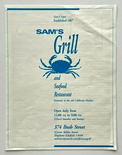 1999 SAM'S GRILL Seafood Restaurant Vintage Menu San Francisco ...