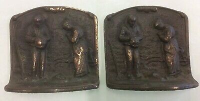 Vintage Bron Met Bronze Plated Cast Iron Praying Farmer And Wife Bookend Pair