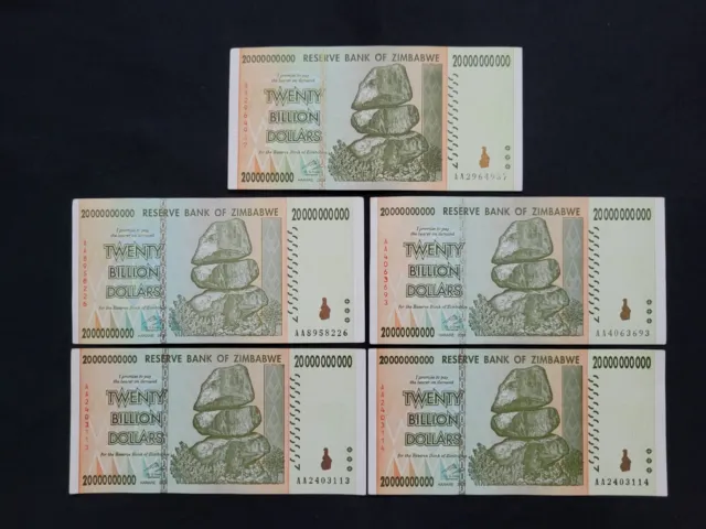Zimbabwe 5 x 20 Billion Dollars 2008 Pick- 86 – Lot 5 pcs