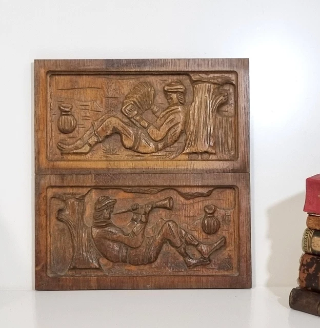 Antique French architectural salvage - Breton dancer wood carving panel pair