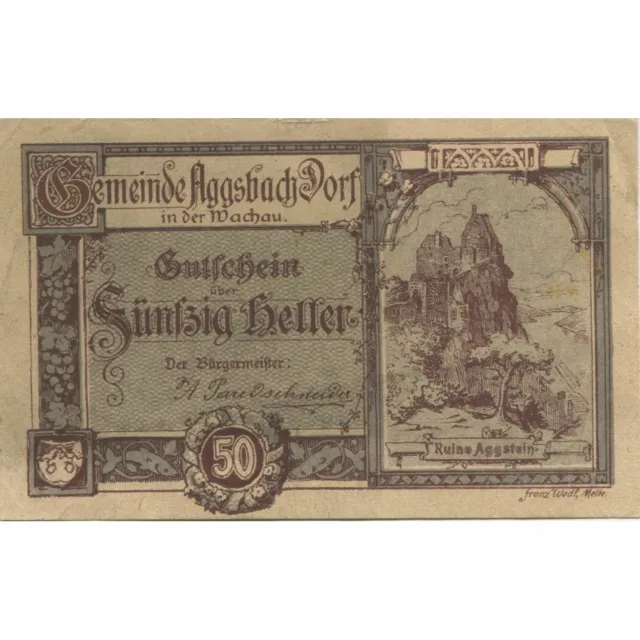 [#283435] Banknote, Austria, Aggsbach, 50 Heller, ruine, 1920, AU Mehl:FS