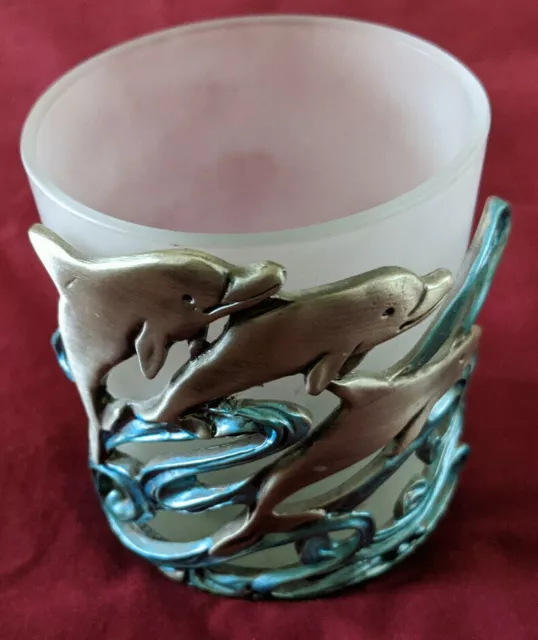 Metal Frosted Glass DOLPHINS Votive Candle Holder Blue Silver