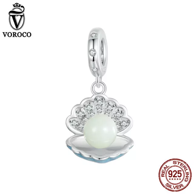 Real 925 Sterling Silver Luminous Shell Pendant Bead Charm Fit Bracelet Voroco