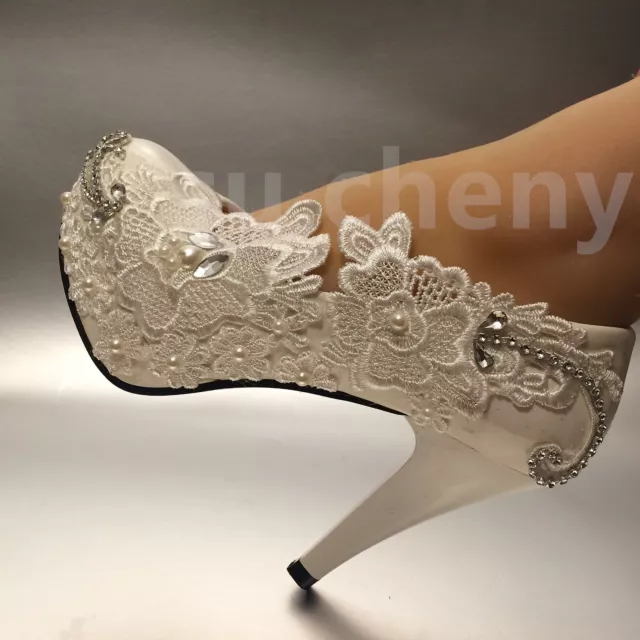 su.cheny 3"4" white light ivory lace rhinestone Wedding Bridal pumps heels shoes